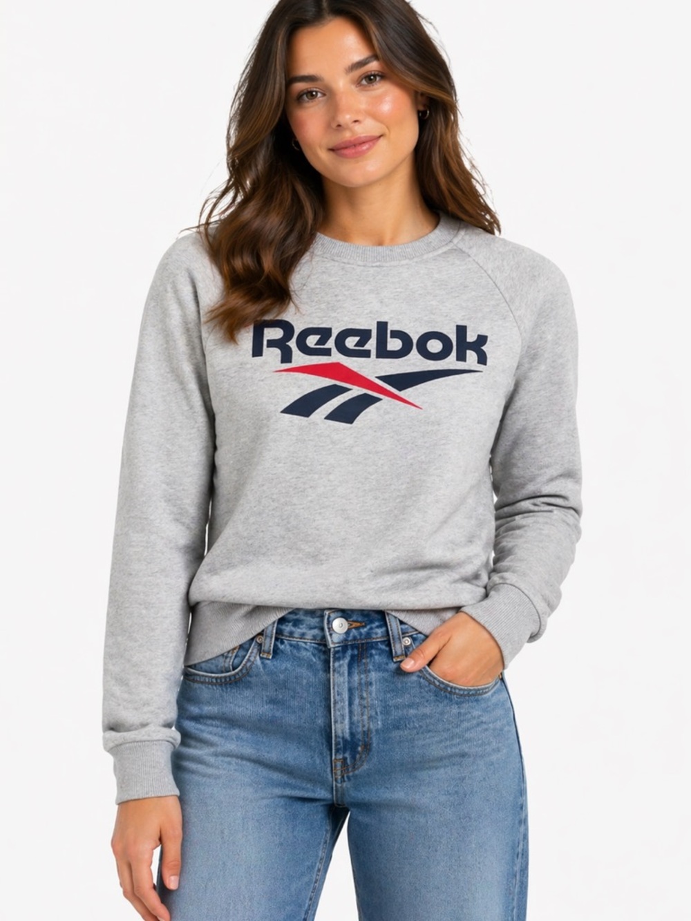 Reebok Gray Crew Logo Pullover with Navy and Red Accents